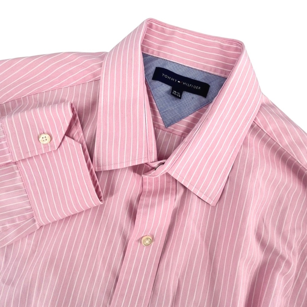 Tommy Hilfiger Men's Pink White Stripe Dress Shirt Button Up Collar Size 16-1/2